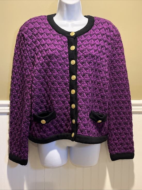 Mondi Sweaters - Mondi Vintage Cardigan Sweater Size 38 / M Purple Black 80s Gold Buttons Heavy